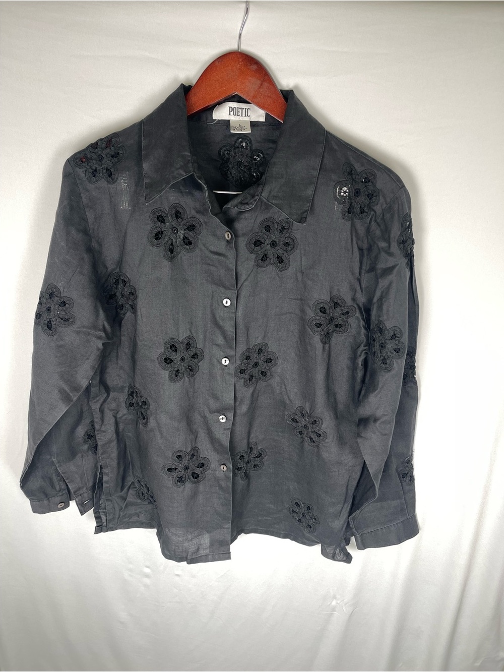 Black Floral Embroidered Button-Down Shirt